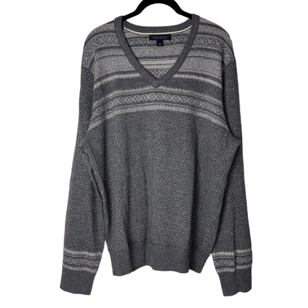 Banana Republic Sweater Men's Large Fair Isle Pullover Wool Cashmere Gray, White